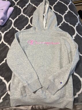 Champion Light Gray Hoodie with Pink Script Logo